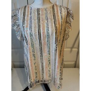 Women's T H M L Sequined Top NWT Short Flutter Sleeves Summer Colors Lined Med